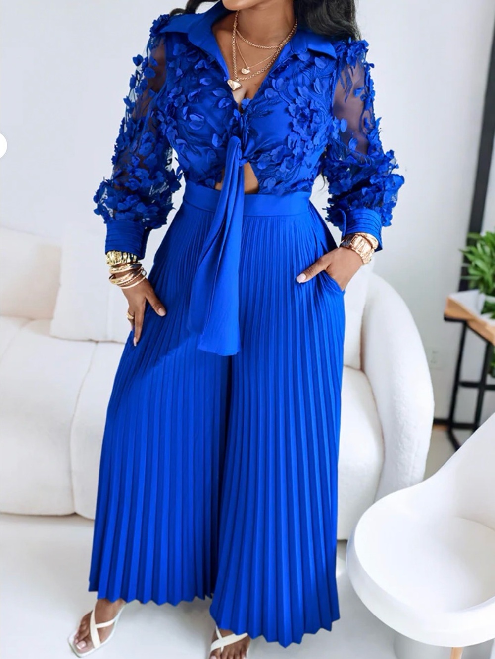 Chicme Royal Blue Pleated Wide-Leg Jumpsuit